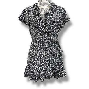 Neiman Marcus Size S Gray 100% Silk Animal Print Ruffle Wrap Mini Dress Coquette